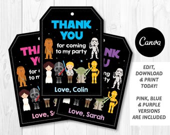 Self Editable - Star Wars Thank You Favor Tags, Star Wars Birthday, Thank you Note, Star Wars Party, Canva template, INSTANT DOWNLOAD
