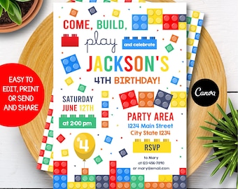 Editable, Building Blocks Birthday Invitation, Building blocks party, Canva template, INSTANT DOWNLOAD