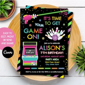Editable Arcade Laser Tag Bowling Birthday Invitation, Girl Arcade Laser tag Bowling Invitation, Canva Template, INSTANT DOWNLOAD