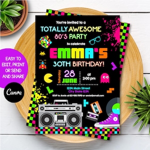 Editable Eighties Birthday Invitation, 80's Invitation, Eighties party Invitation, Canva Template, INSTANT DOWNLOAD