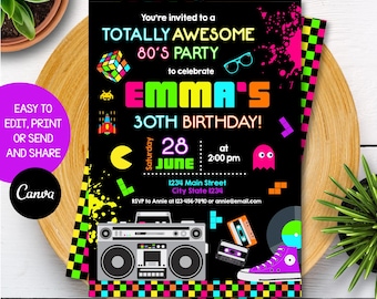 Editable Eighties Birthday Invitation, 80&#39;s Invitation, Eighties party Invitation, Canva Template, INSTANT DOWNLOAD