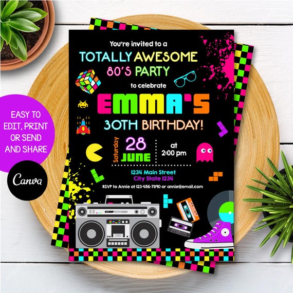 Editable Eighties Birthday Invitation, 80's Invitation, Eighties party Invitation, Canva Template, INSTANT DOWNLOAD