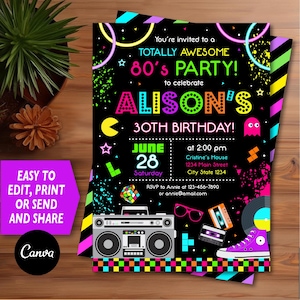 Invito compleanno anni ottanta, invito anni ottanta, invito compleanno anni ottanta neon, festa anni ottanta, modello Canva, DOWNLOAD IMMEDIATO
