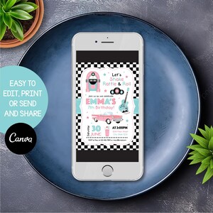 May include: A retro-themed birthday party invitation with a black and white checkered background. The invitation features a pink and blue jukebox, a red car, and a milkshake. The text on the invitation reads "Let's Shake Rattle & Roll" and "Emma's 7th Birthday!"