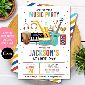 Peut inclure: Une invitation colorée pour une fête musicale avec des instruments comme une guitare, un tambour et un saxophone. L'invitation dit "Rejoignez-nous pour une fête musicale" pour célébrer le 6e anniversaire de Jackson. Détails de la date, de l'heure et du lieu.