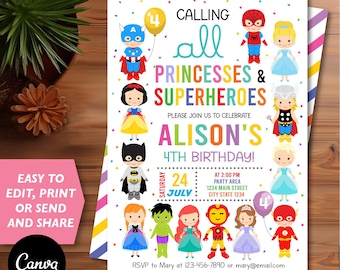 May include: A colorful invitation for a 4th birthday party. The invitation features cartoon characters from popular children's movies and television shows, including princesses and superheroes. The text on the invitation reads "Calling all princesses & superheroes. Please join us to celebrate Alison's 4th birthday!" The invitation also includes the date, time, and location of the party.