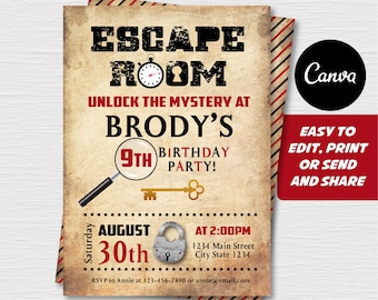 Editable, Escape Room Invitation, Escape Room Birthday, Escape Room Party, Canva Template,  INSTANT DOWNLOAD