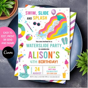 Editable Girls Waterslide Birthday Invitation, Girls Waterslide Party, Girls Waterpark Invitation, Canva template, INSTANT DOWNLOAD