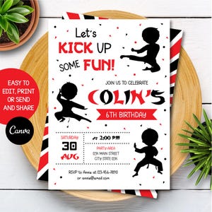 Invito di compleanno modificabile di taekwondo, invito di karate per ragazzi, festa di taekwondo per ragazzi, compleanno di karate per ragazzi, Canva, DOWNLOAD IMMEDIATO