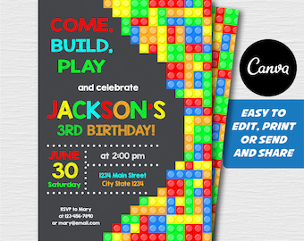 Editable, Building Blocks Birthday Invitation, Building blocks party, Canva template, Chalkboard, INSTANT DOWNLOAD
