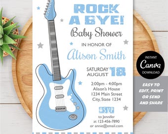 Redigerbar rockstjärne-babyshowerinbjudan pojke, gitarr-babyshowerinbjudan blågrå, Canva-mall, DIREKT NEDLADDNING