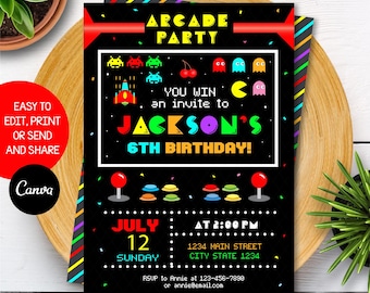 Editable, Arcade birthday invitation Boy, Video game party, Chalkboard, Canva Template, INSTANT DOWNLOAD