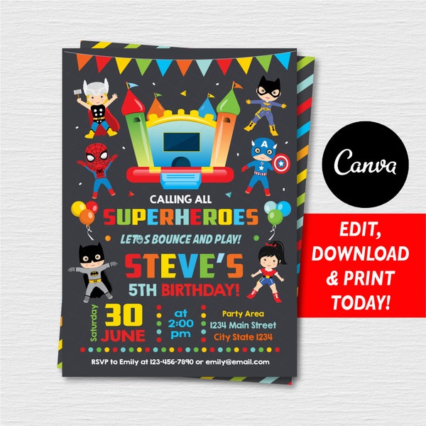 Editable, Superhero Bounce House Invitation, Superheroes Party, Superheroes Birthday, Chalkboard, Canva template, INSTANT DOWNLOAD