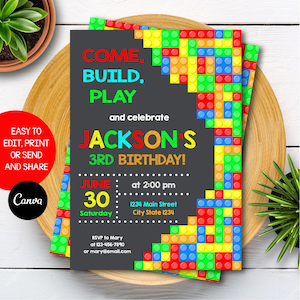 Editable, Building Blocks Birthday Invitation, Building blocks party, Canva template, Chalkboard, INSTANT DOWNLOAD