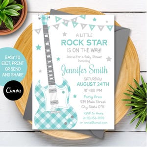Editable Rock Star Baby Shower Invitation Boy, Guitar Baby Shower Invitation Blue, Grey, Canva template, INSTANT DOWNLOAD