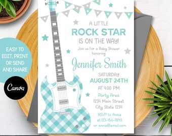 Redigerbar rockstjärne-babyshowerinbjudan pojke, gitarr-babyshowerinbjudan blå, grå, Canva-mall, DIREKT NEDLADDNING