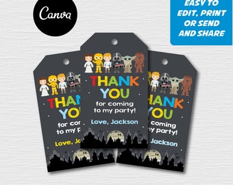 Self Editable - Star Wars Thank You Favor Tags, Star Wars Birthday, Thank you Note, Star Wars Party, Canva template, INSTANT DOWNLOAD