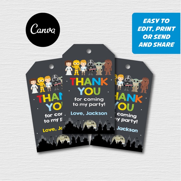 Self Editable - Star Wars Thank You Favor Tags, Star Wars Birthday, Thank you Note, Star Wars Party, Canva template, INSTANT DOWNLOAD