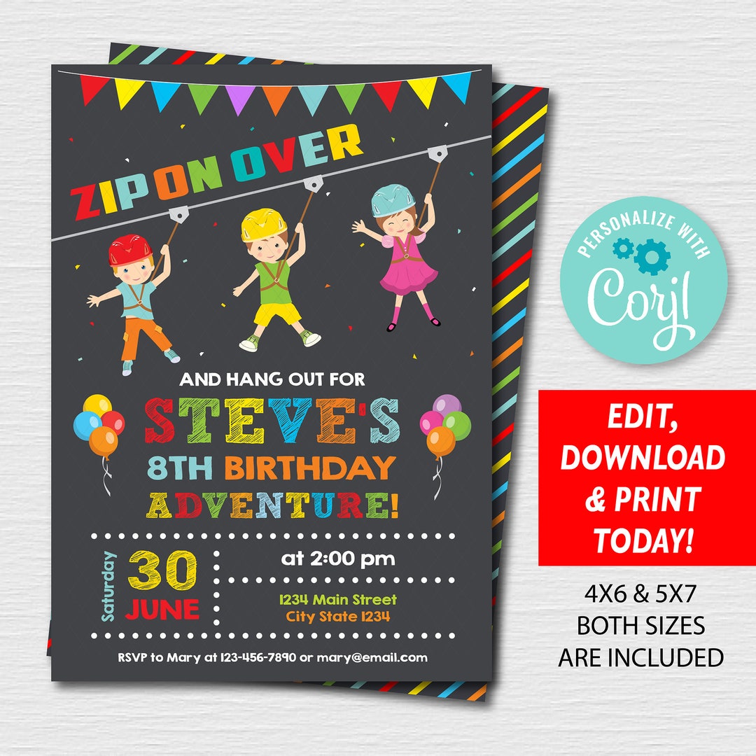 Editable Zipline Birthday Invitation Outdoor Adventure Etsy