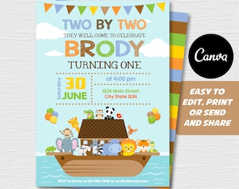 Editable, Noah’s Ark Birthday Invitation, Noahs Ark Party, Noah Ark Birthday, Canva template, INSTANT DOWNLOAD