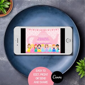 May include: A pink and white printable invitation for a 6th birthday party. The invitation features a teapot silhouette with a pink background and a white floral pattern. The text "Princess Olivia's 6th Birthday Party" is printed in black. The invitation also features a row of cartoon princesses.