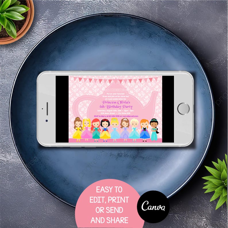 May include: A pink and white printable invitation for a 6th birthday party. The invitation features a teapot silhouette with a pink background and a white floral pattern. The text "Princess Olivia's 6th Birthday Party" is printed in black. The invitation also features a row of cartoon princesses.
