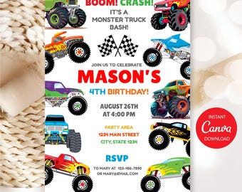 Editable Monster Truck Birthday Invitation, Monster Truck Party, Canva template, INSTANT DOWNLOAD