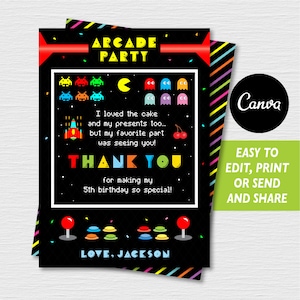 Modifiable, carte de remerciement d'anniversaire d'arcade, fête de jeu vidéo, modèle de toile, TÉLÉCHARGEMENT IMMÉDIAT