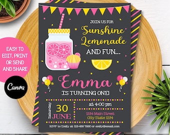 EDITABLE, Lemonade Birthday Invitation, Lemonade Party, Sunshine and Lemonade Invitation, Pink Lemonade Invite, Chalkboard, INSTANT DOWNLOAD