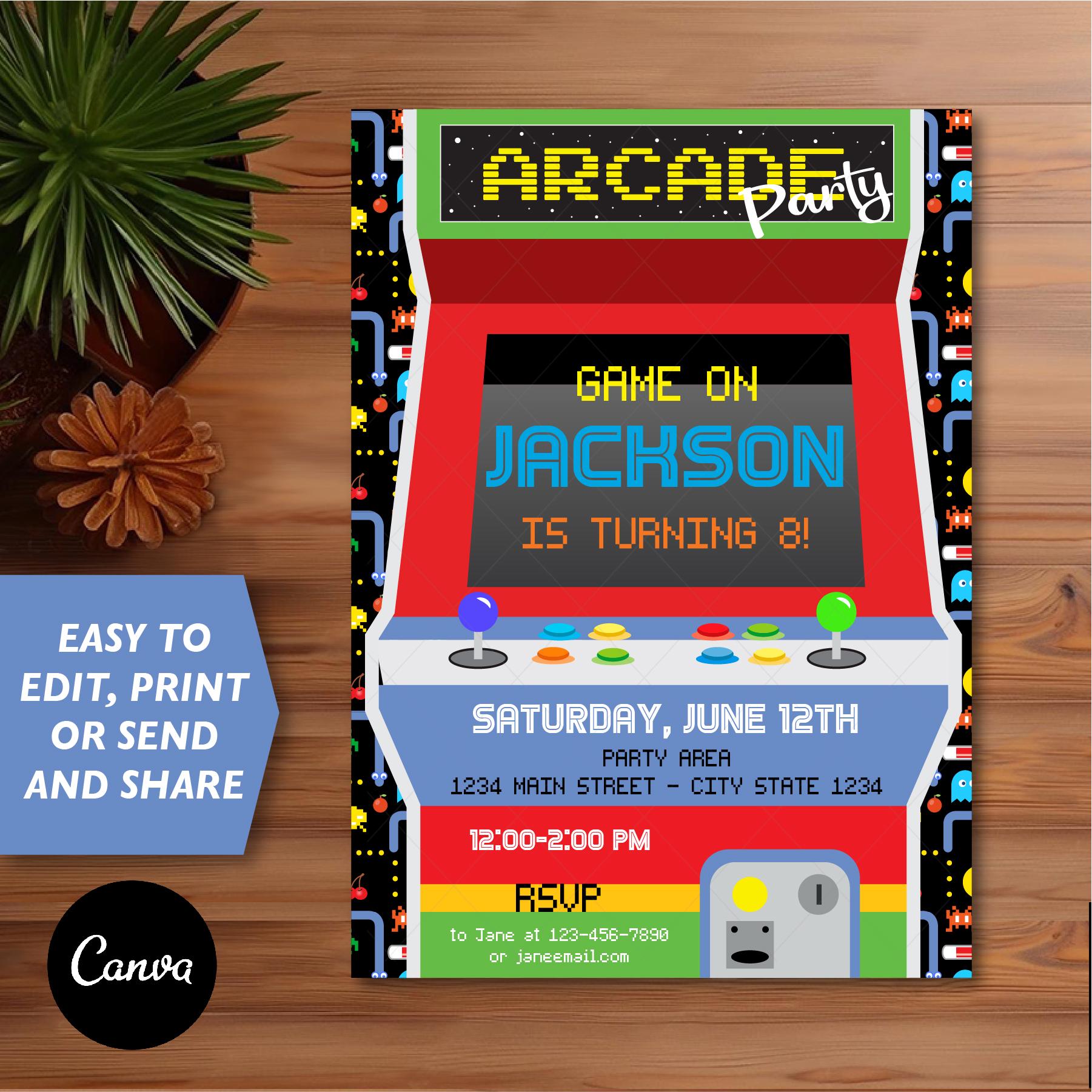 Editable, Arcade birthday invitation, Video game party, Boys Arcade Birthday, Retro Gaming Invite, Canva, INSTANT DOWNLOAD