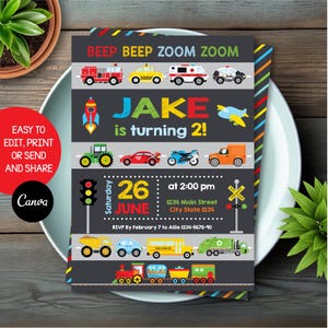 Editable, Transportation Birthday Invitation, Transportation Party, Transportation Birthday, Canva, Chalkboard, INSTANT DOWNLOAD
