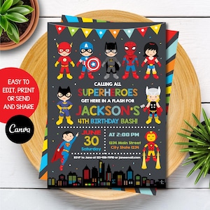 Editable Superhero Birthday Invitation, Superheroes Party, Superheroes Birthday, Chalkboard, Canva, INSTANT DOWNLOAD