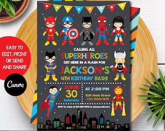 Editable Superhero Birthday Invitation, Superheroes Party, Superheroes Birthday, Chalkboard, Canva, INSTANT DOWNLOAD