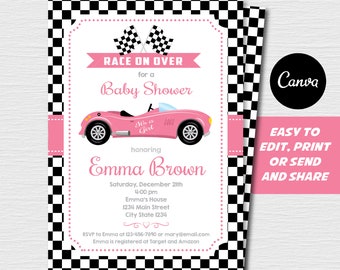 Editable, Racing Car Baby Shower Invitation, Baby Girl, Pink, Grey, Editable Canva template. INSTANT DOWNLOAD