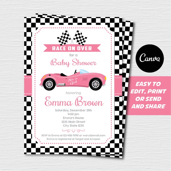 Editable, Racing Car Baby Shower Invitation, Baby Girl, Pink, Grey, Editable Canva template. INSTANT DOWNLOAD