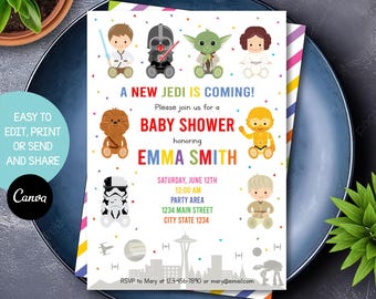 May include: A white baby shower invitation with a colorful border. The invitation features cartoon characters from Star Wars, including Yoda, Darth Vader, Chewbacca, Princess Leia, and Luke Skywalker. The text reads "A New Jedi is Coming!" and includes the name "Emma Smith" and the date and time of the event.