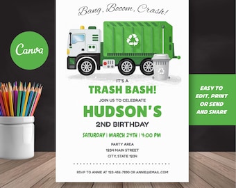 May include: A birthday party invitation with a green and white garbage truck illustration. The invitation reads "It's a Trash Bash!" and includes the name "Hudson's" and the date and time of the party. The Canva logo is in the upper left corner.