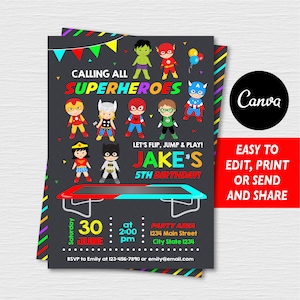 Editable, Superhero Trampoline Invitation, Superheroes Trampoline Party, Superheroes Birthday, Canva template, INSTANT DOWNLOAD