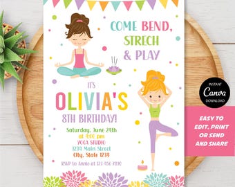 Editable Yoga Birthday Invitation, Yoga Party, Yoga Girls Birthday Invitation, Canva template, INSTANT DOWNLOAD