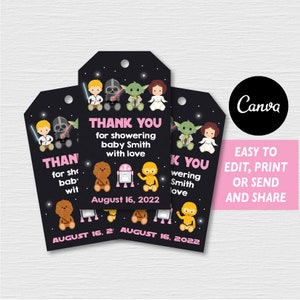 Self Editable, Star Wars Baby Shower Favor Tags, Baby Girl, Pink, Canva template, INSTANT DOWNLOAD