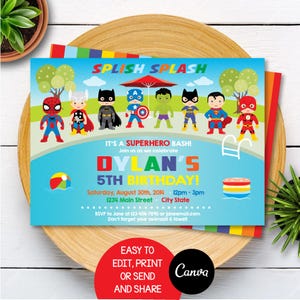 EDITABLE, Superhero Pool Party Invitation, Superheroes Birthday, Superhero Pool Invitation, Canva template, INSTANT DOWNLOAD