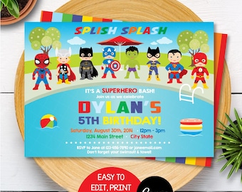EDITABLE, Superhero Pool Party Invitation, Superheroes Birthday, Superhero Pool Invitation, Canva template, INSTANT DOWNLOAD