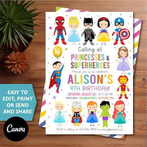 Editable Princesses and Superheroes Birthday Invitation, Princess and Superhero Birthday Party, Canva template, INSTANT DOWNLOAD