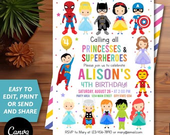 Editable Princesses and Superheroes Birthday Invitation, Princess and Superhero Birthday Party, Canva template, INSTANT DOWNLOAD