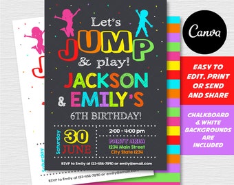 Self editable, Jump Birthday Invitation, Trampoline Party, Bounce House Birthday, Twins Birthday, Canva template, INSTANT DOWNLOAD