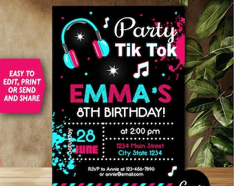 Self Editable - Tik Tok Birthday Invitation, Kids Party, Musical Birthday Invitation, Canva Template, INSTANT DOWNLOAD