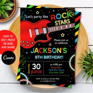 Bearbeitbare Rockstar-Geburtstagseinladung, Rockstars-Party, Jungen-Gitarren-Einladung, Neonfarben, Canva-Vorlage, SOFORT-DOWNLOAD