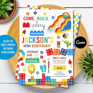 May include: A colorful birthday invitation with a Lego theme. The invitation features a cartoon image of a water slide, a beach ball, and a water gun. The text on the invitation reads "Come, Build, Play and Celebrate Jackson's 4th Birthday!"  The invitation also includes the date, time, and location of the party.