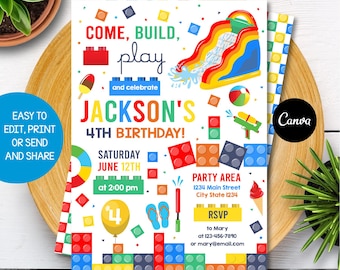 Editable Boy Building Blocks Waterslide Birthday Invitation, Waterslide Building blocks party, Canva template, INSTANT DOWNLOAD