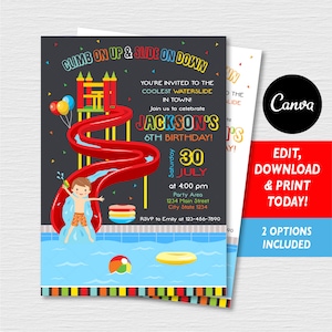 Self editable- Boys Water Slide Birthday Invitation, Water Slide Party, Water park Invites, Canva template, Chalkboard, INSTANT DOWNLOAD